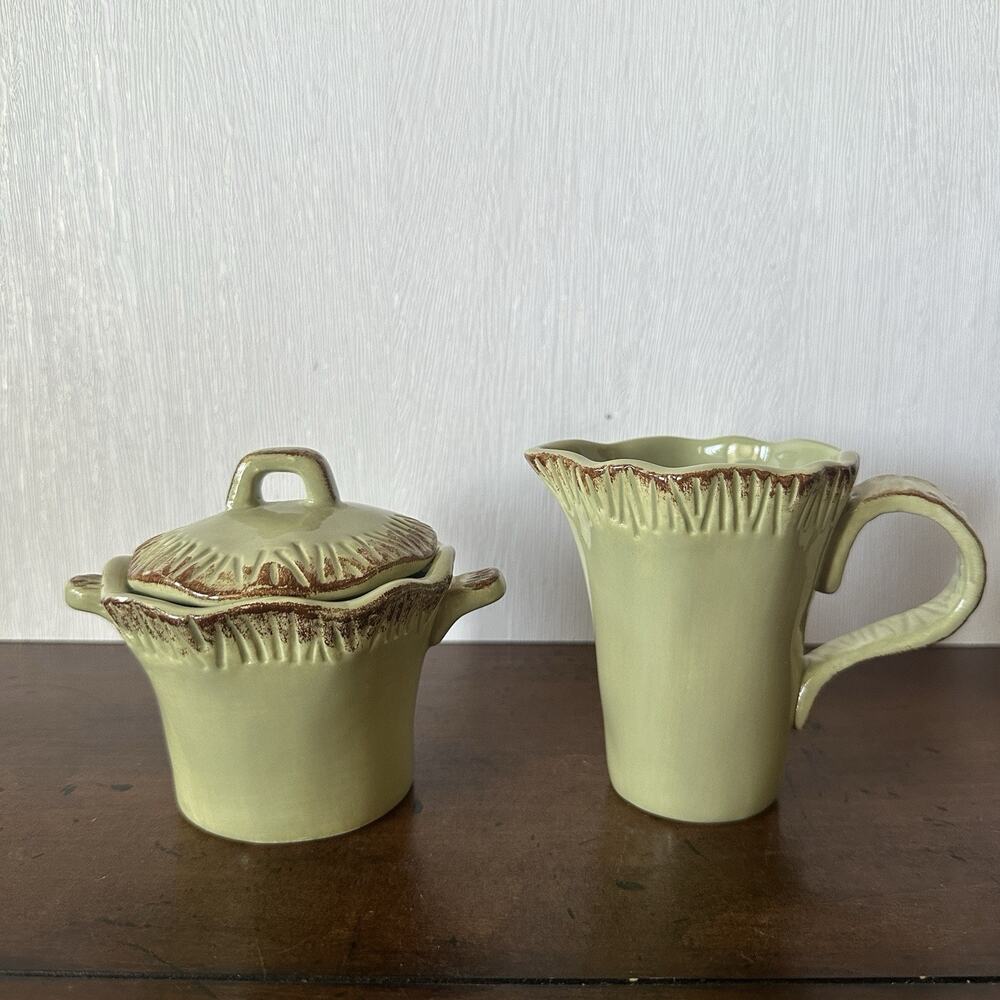 Bella Casa by Ganz Cream Sugar Set Sage Green Ceramic Rustic Minimalist Vintage